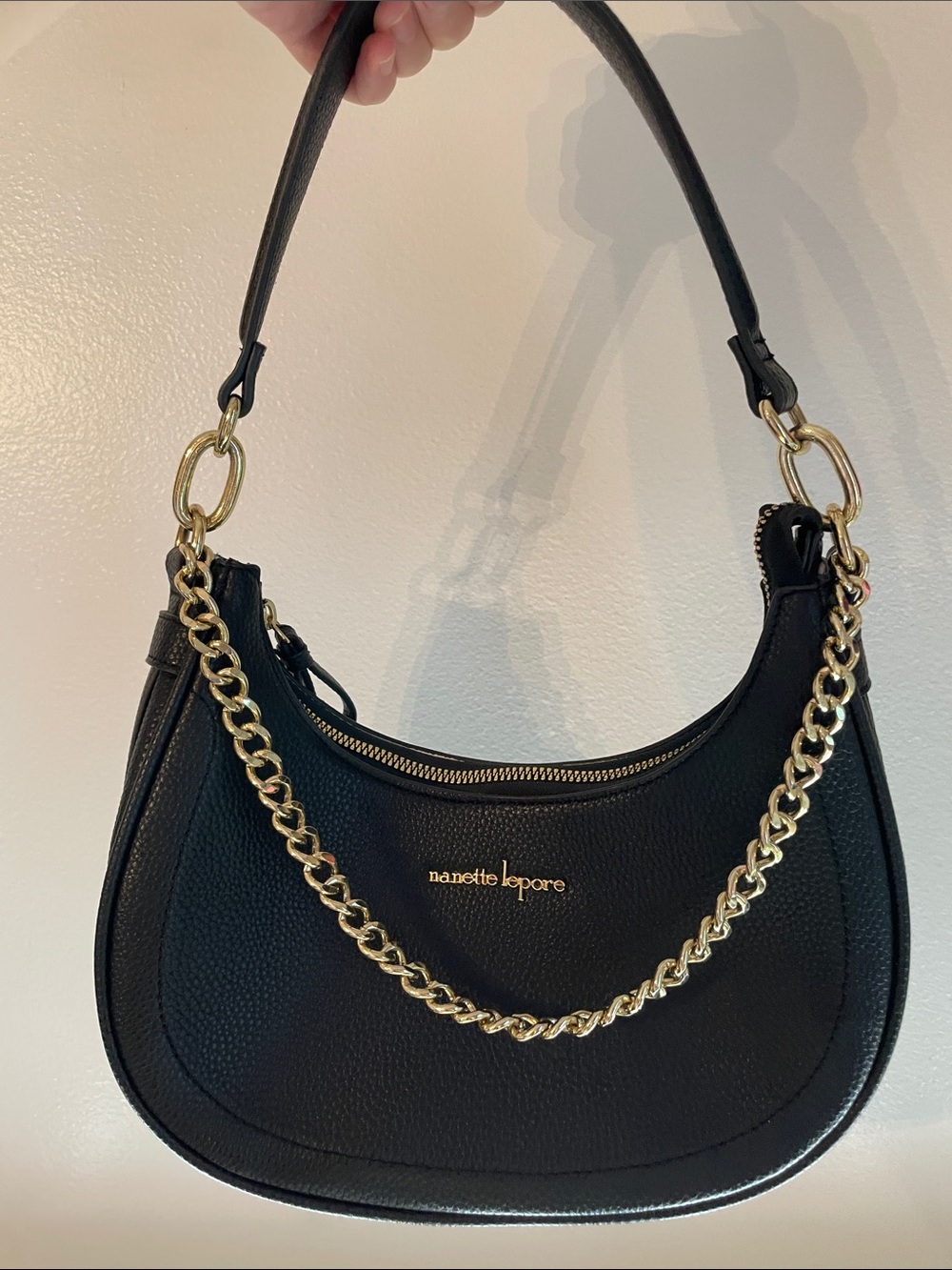 Nanette Lepore Black Leather Shoulder Bag with Gold Chain